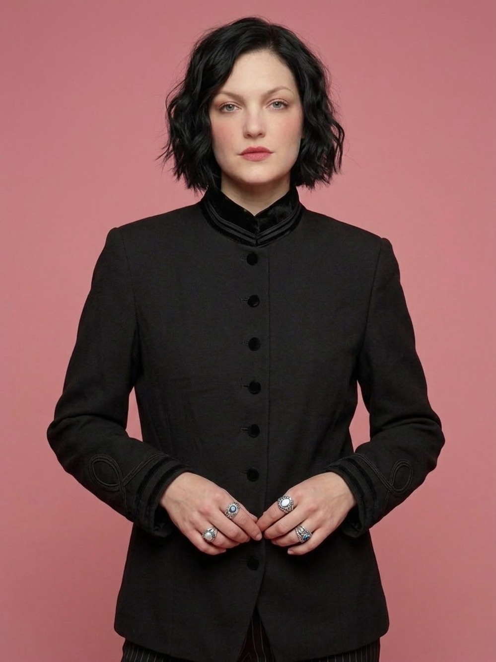 Vintage 90s Valerie Stevens Pure Wool Military Band Jacket Black Velvet Trim 8